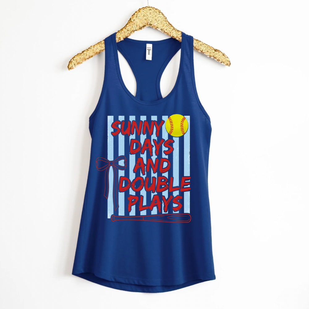 Sunny Days & Double Plays Softball Racerback Tank Top | Softball Mom Tank | Next Level Tank for Sports Moms | Cute Game Day Tank | Summer Softball Outfit