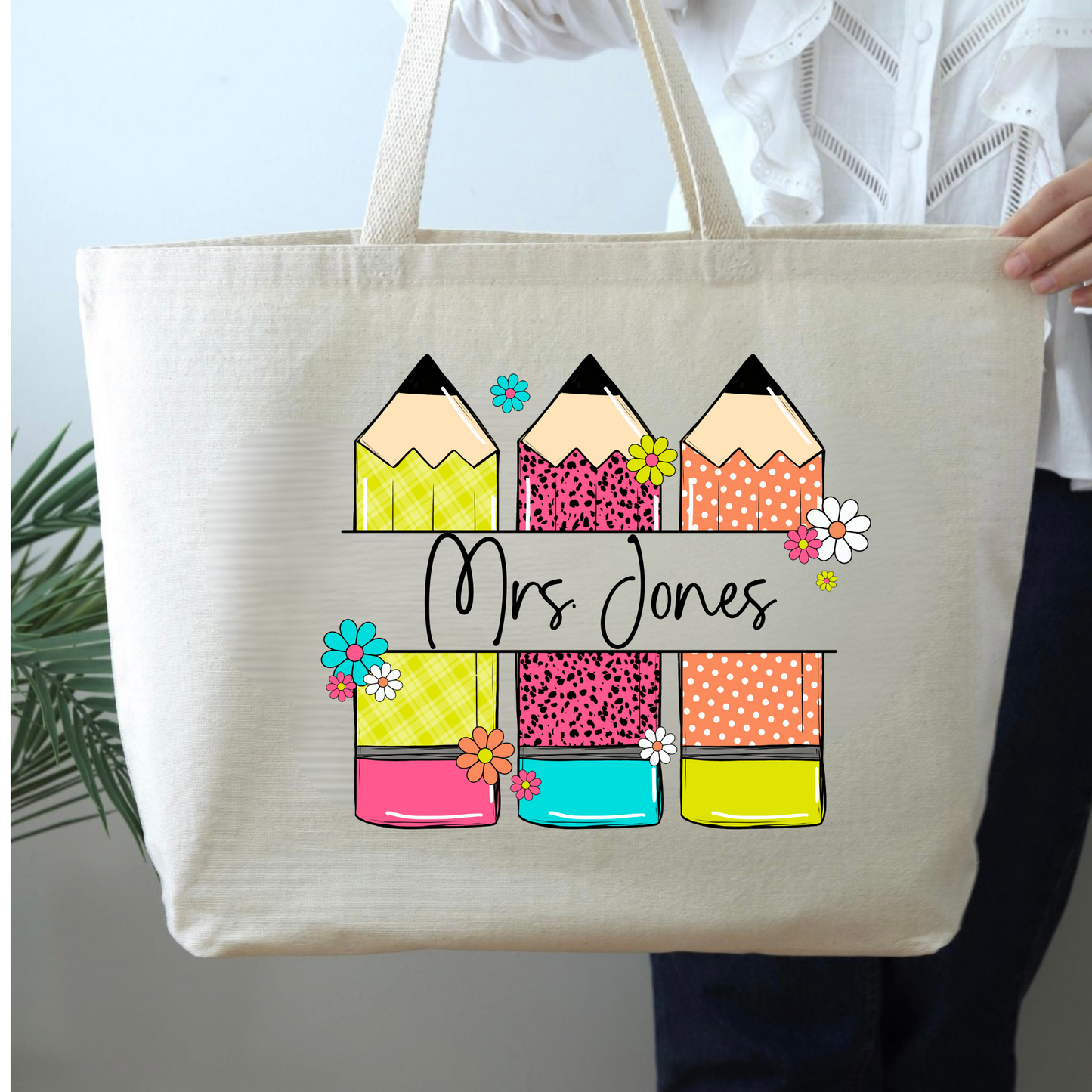 Personalized Teacher Pencil Zippered Tote Bag with Name