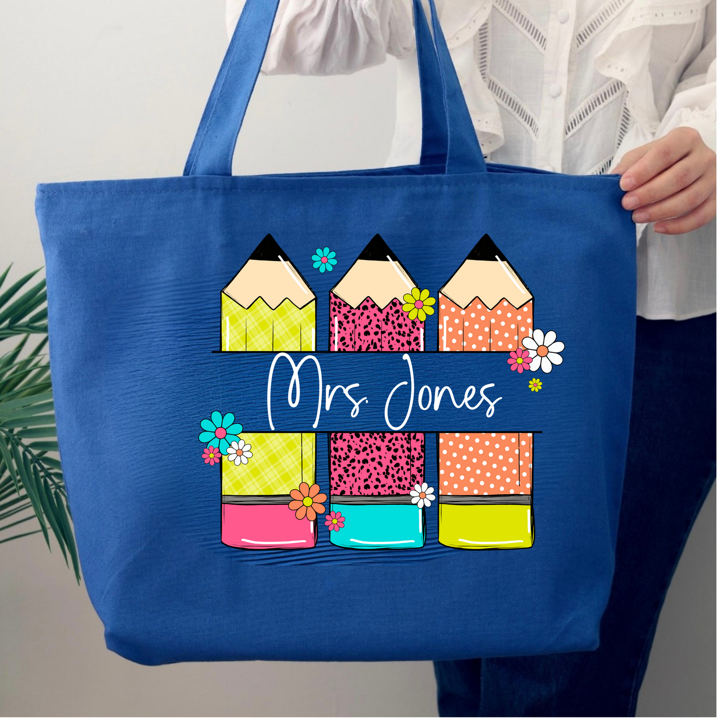 Personalized Teacher Pencil Zippered Tote Bag with Name