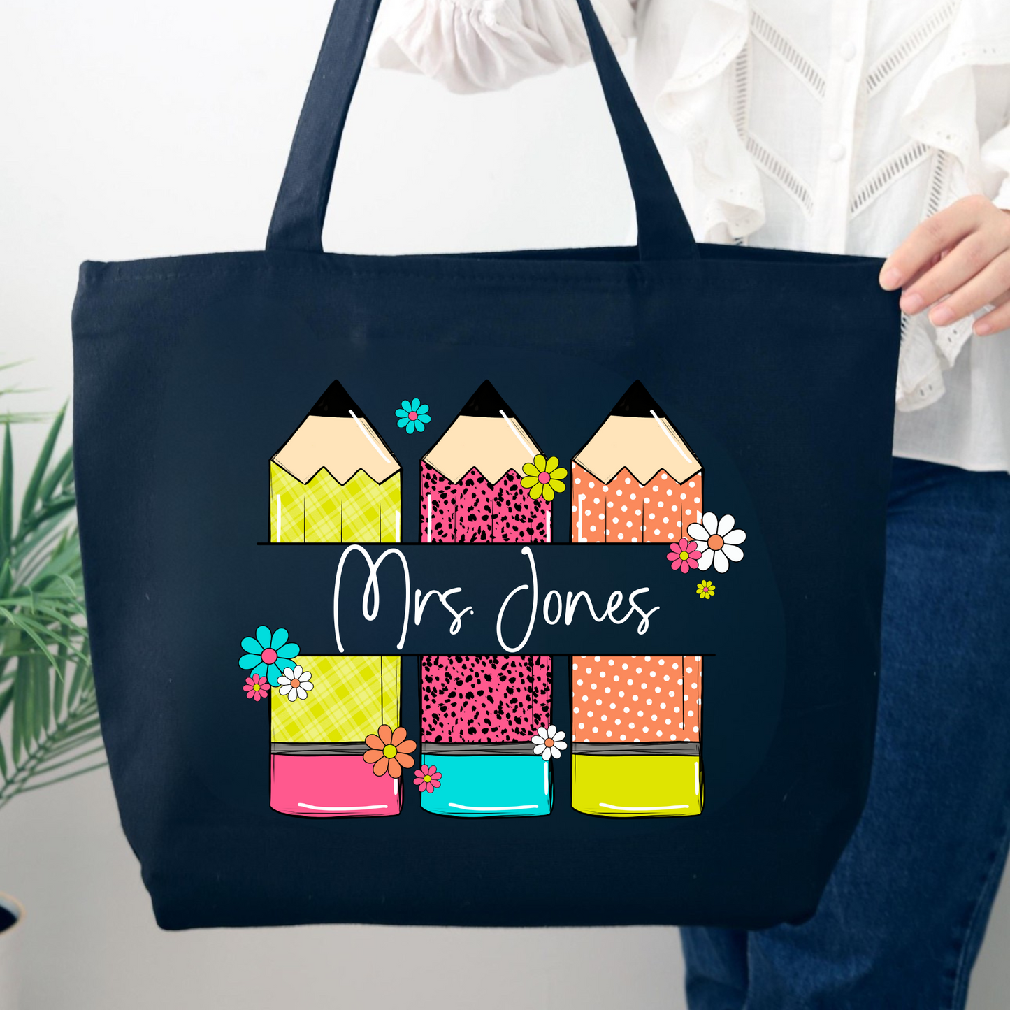 Personalized Teacher Pencil Zippered Tote Bag with Name
