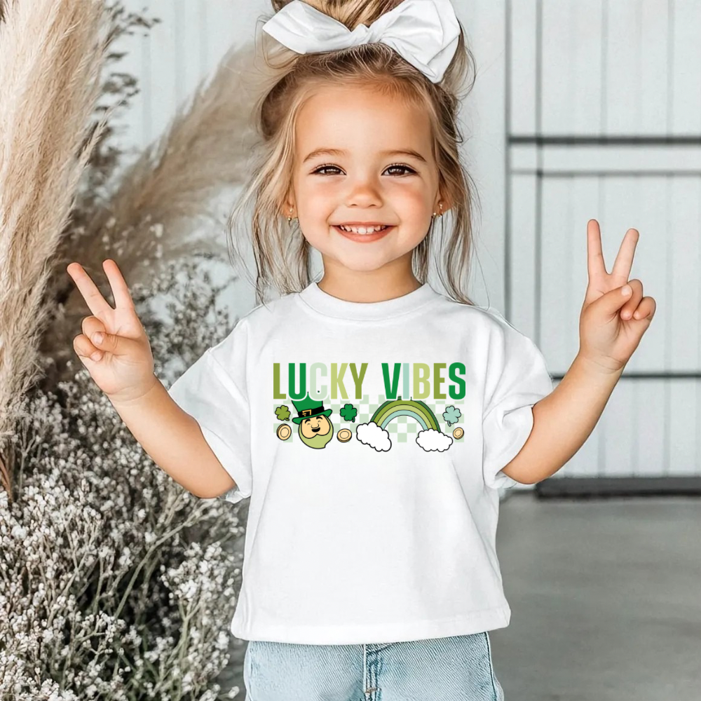 Lucky Vibes Girls St. Patrick’s Day Shirt | Cute Shamrock Tee for Kids | St. Paddy’s Parade Outfit | St. Patrick’s Day Gift for Girls