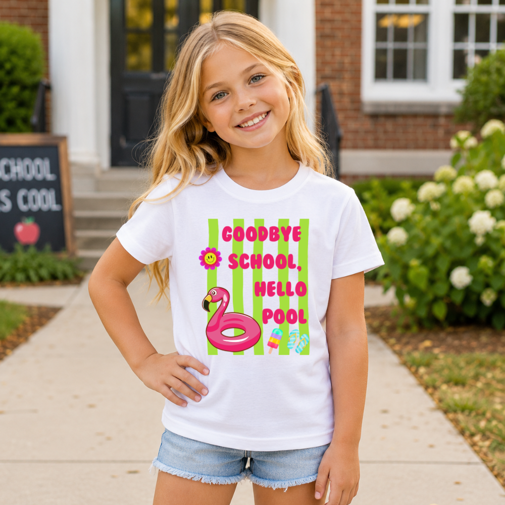 Goodbye School Hello Pool | Last Day of School Shirt for Girls | Cute Kids End of School Tee | Summer Break Shirt | Girls Graphic T-Shirt | Last Day Outfit
