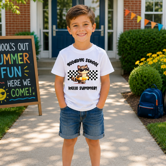 Goodbye School Hello Summer | Raccoon Last Day of School Shirt for Boys | Cute End of School Tee | Summer Break Shirt for Kids | Boys Graphic T-Shirt | Last Day Outfit