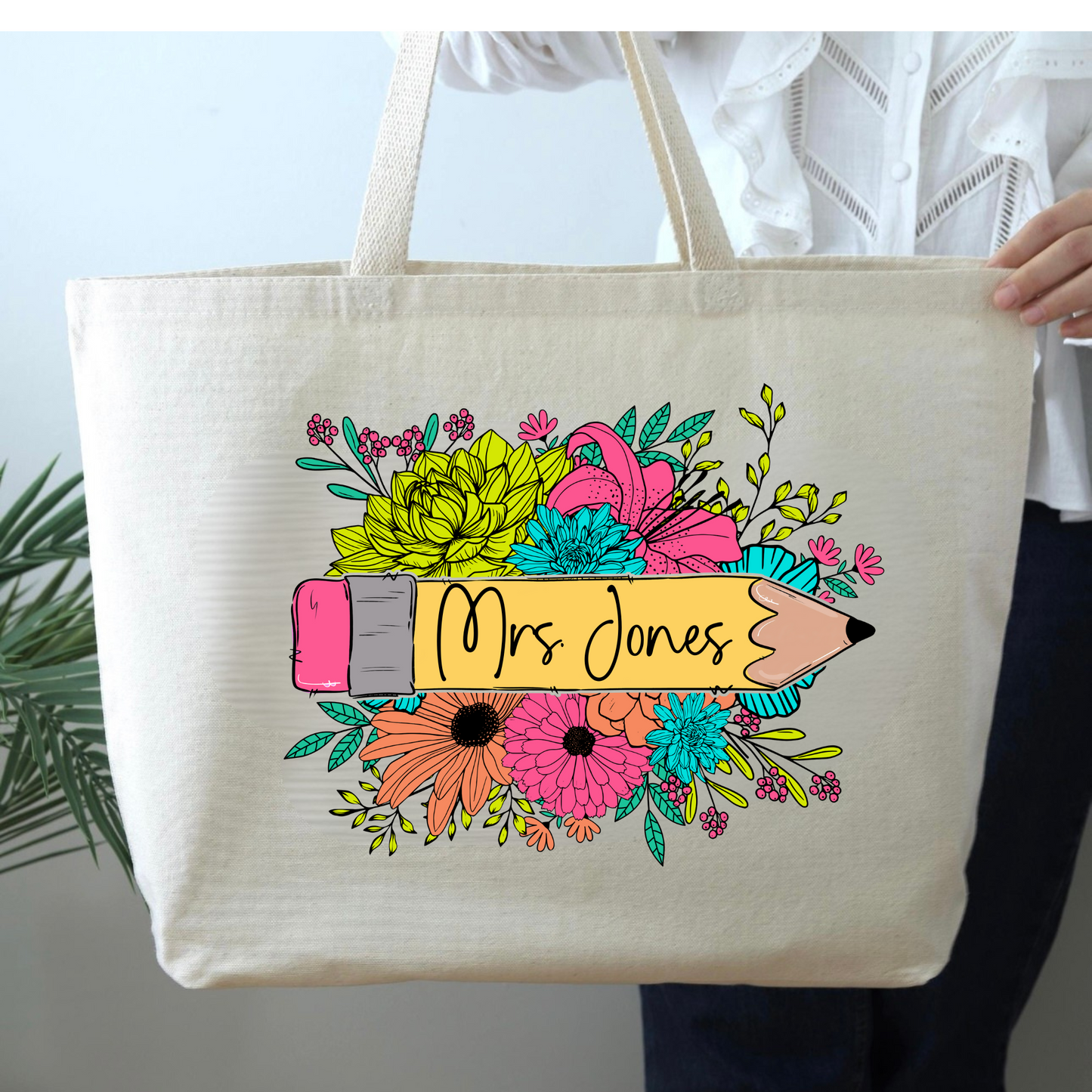 Personalized Teacher Pencil Zippered Tote Bag with Name