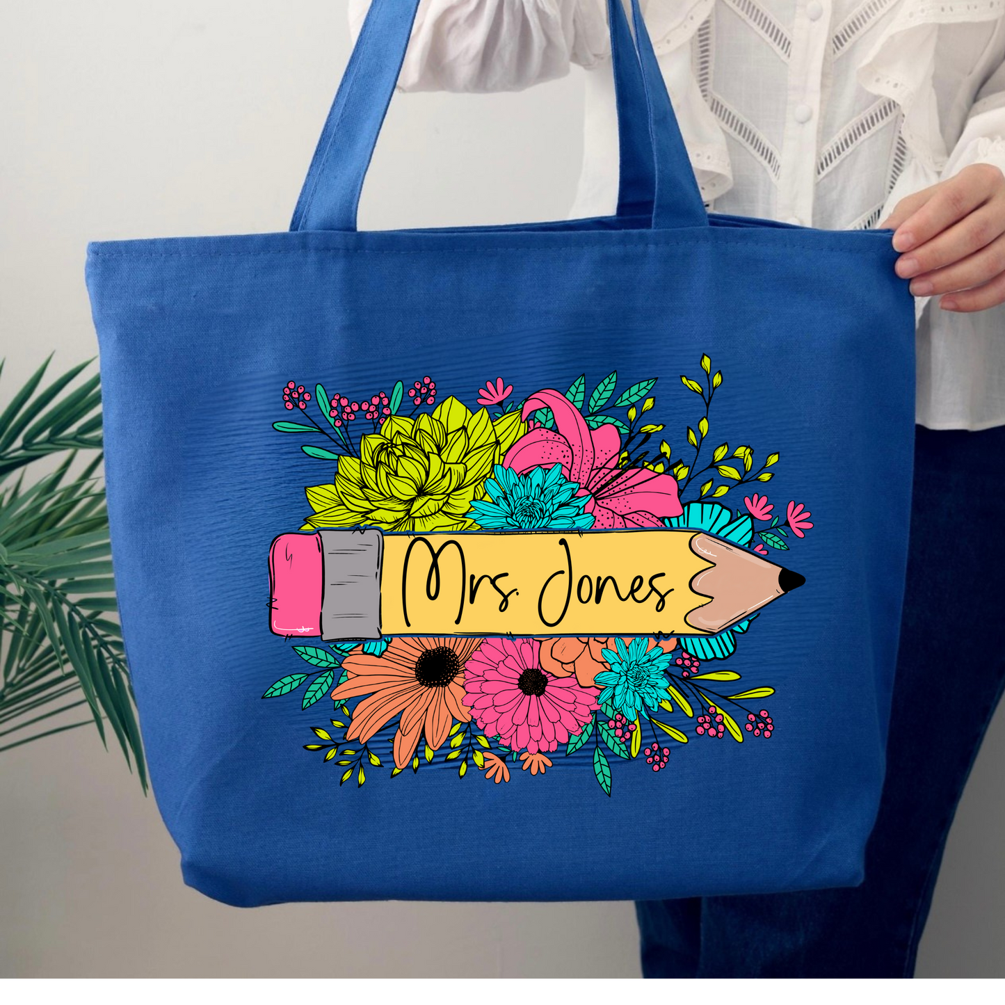 Personalized Teacher Pencil Zippered Tote Bag with Name
