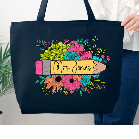 Personalized Teacher Pencil Zippered Tote Bag with Name