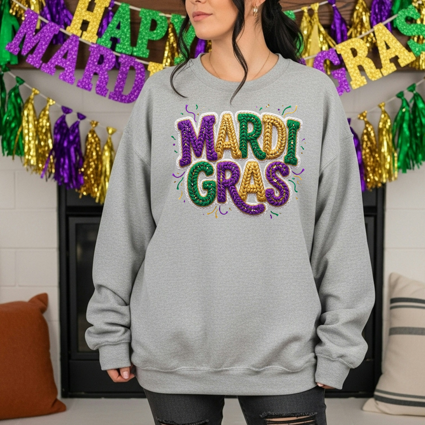Mardi Gras sweatshirt for women with festive carnival design in purple green and gold, cozy crewneck styled for Fat Tuesday celebration and parade outfits