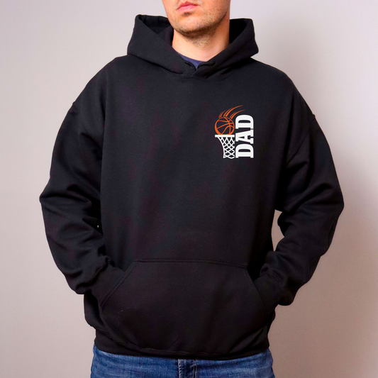 Basketball dad hoodie for men in a cozy fleece pullover style, casual game day outfit for basketball season, perfect for gym nights, tournaments, and cheering from the bleachers.