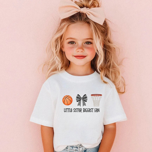 Little sister basketball fan shirt with the phrase little sister biggest fan printed on a youth short sleeve tee, perfect for kids basketball game day outfits and sibling sports fans