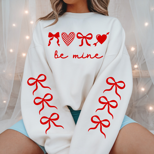 be mine valentines day sweatshirt with bow sleeves, cute valentines sweatshirt women cozy outfit, bow sleeve valentines sweatshirt casual wear, festive valentine sweatshirt for women, cozy valentine gift sweatshirt