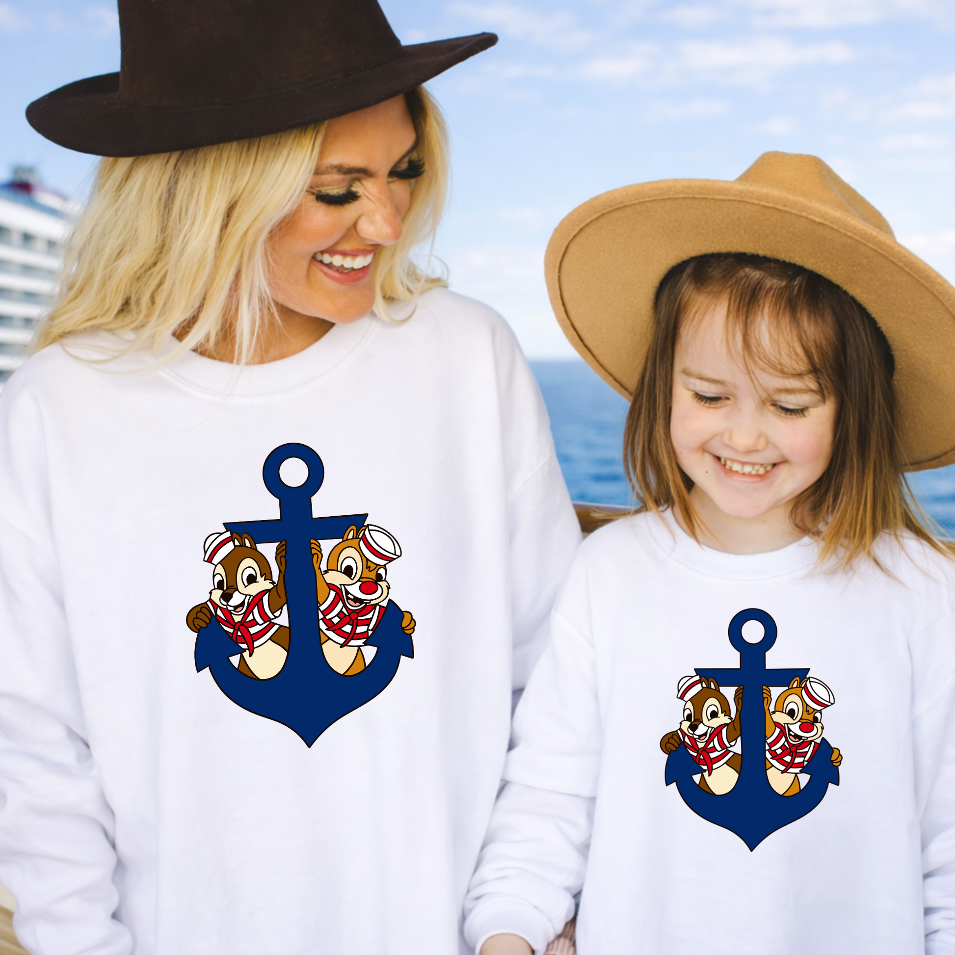 Playful chipmunk cruise anchor sweatshirt for women and youth, perfect for matching family cruise outfits and nautical vacation style