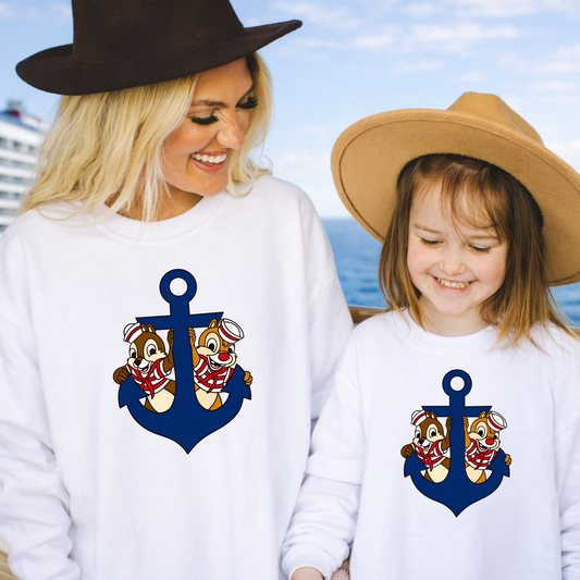 Playful chipmunk cruise anchor sweatshirt for women and youth, perfect for matching family cruise outfits and nautical vacation style