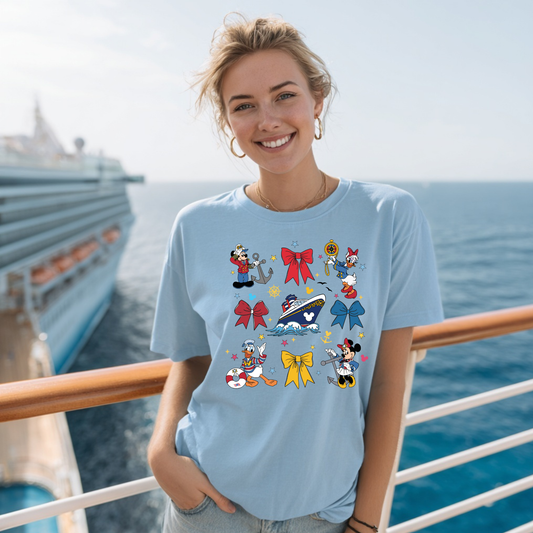 Women’s coquette cruise outfit featuring bow graphic Comfort Colors t-shirt