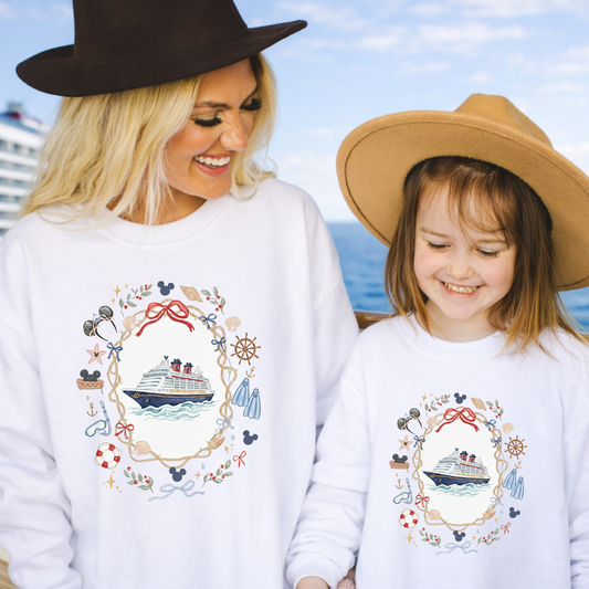 Coquette cruise sweatshirt with soft nautical bow design for women and youth, perfect for family cruise outfits and vacation travel