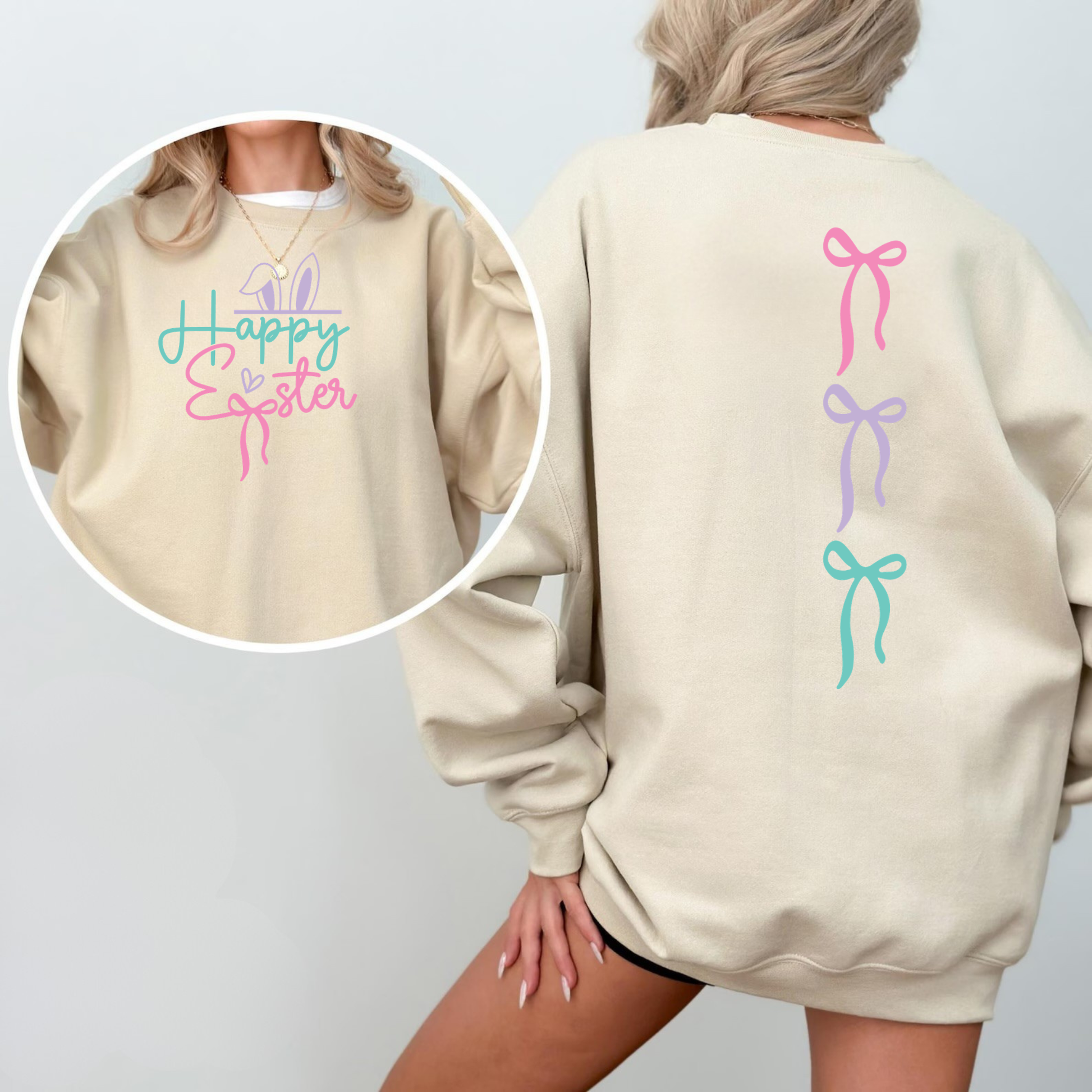 Coquette Easter bunny sweatshirt for women with pastel bunnies and feminine bows on a cozy spring crewneck