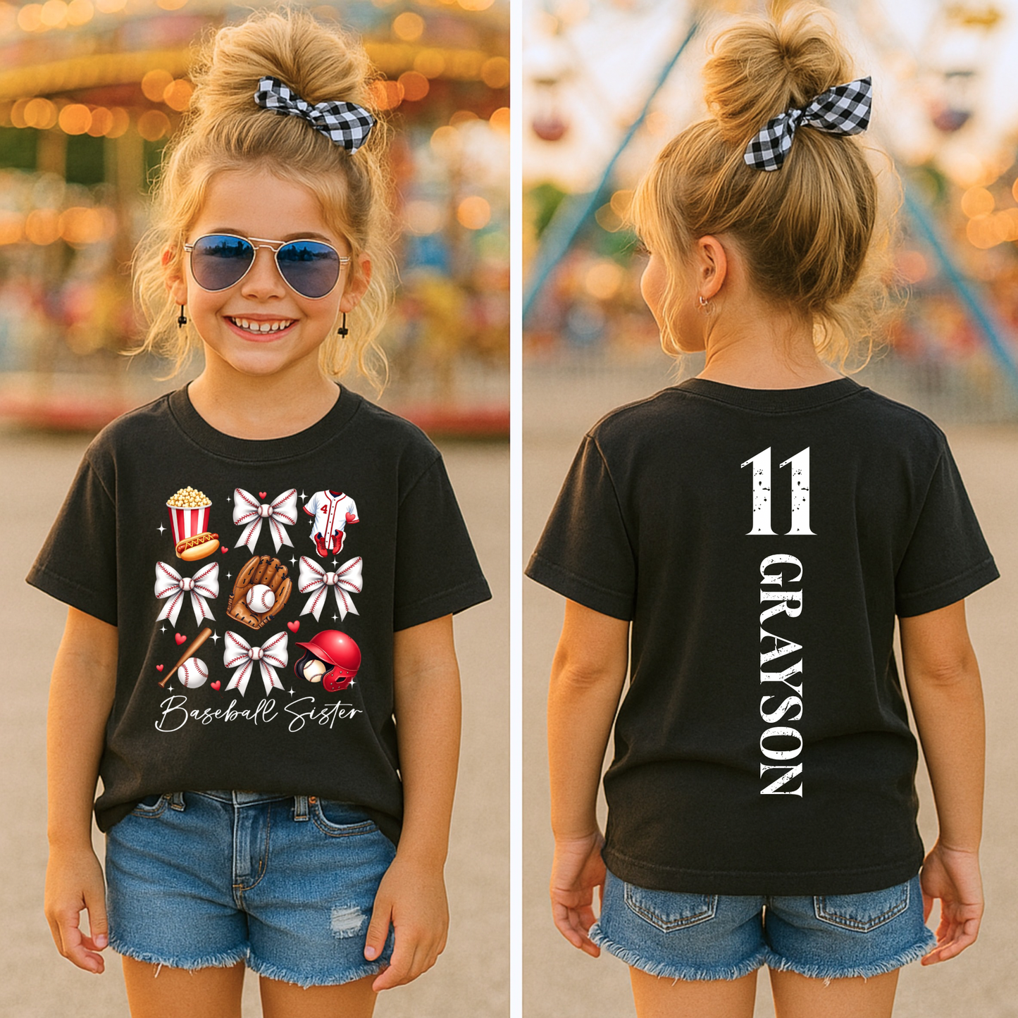 Personalized baseball sister shirt with brother’s name and jersey number printed on the back for game day