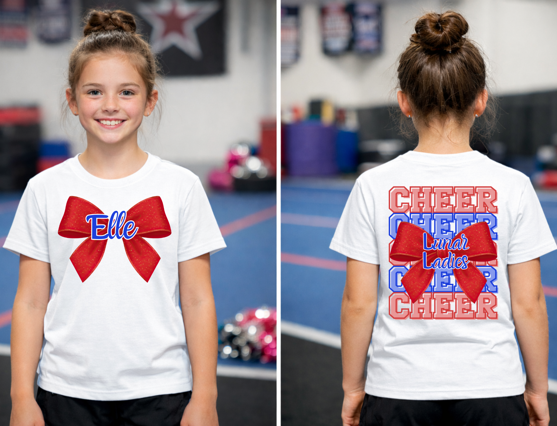 Personalized custom cheer shirt with cheerleader name on front and team name on back in two team colors