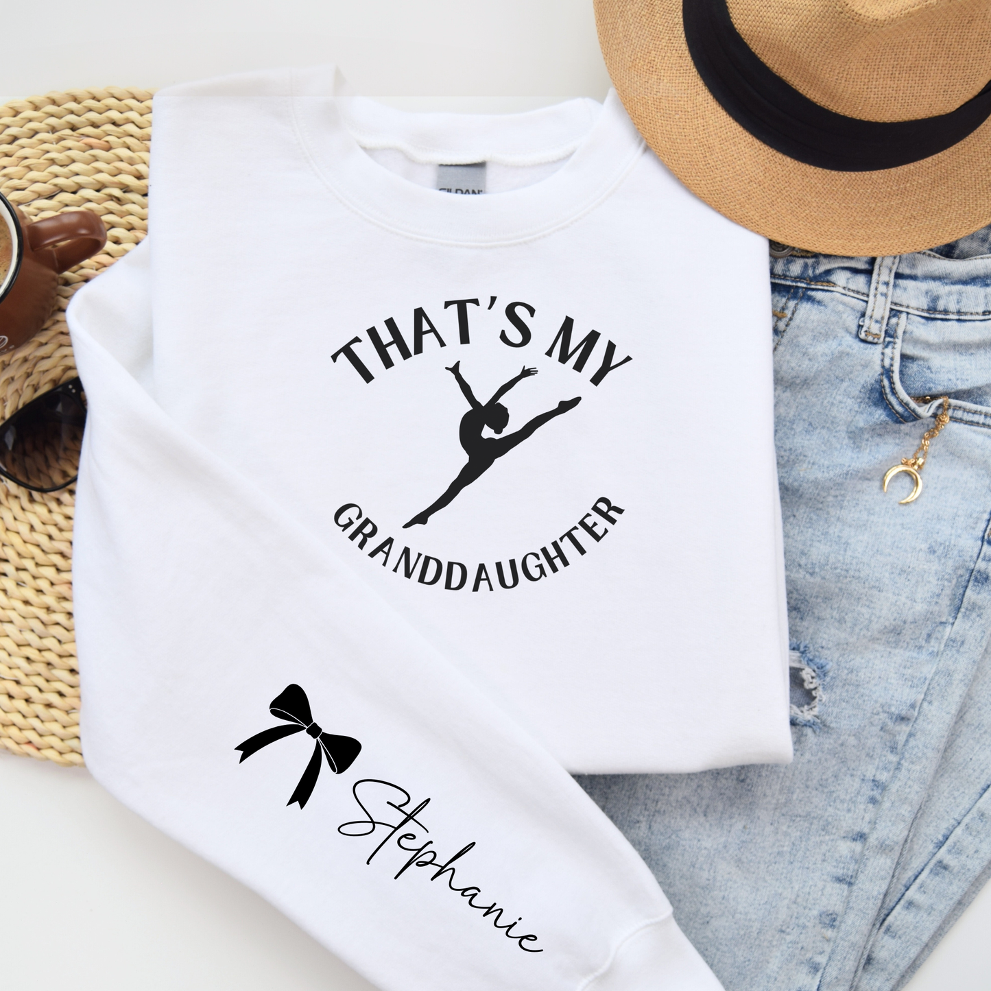 Personalized dance grandma sweatshirt with dancer name printed on sleeve, cozy custom recital gift crewneck for proud grandma or nana