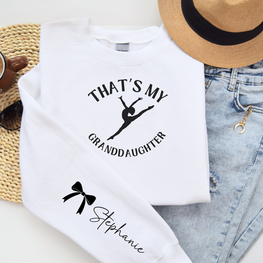 Personalized dance grandma sweatshirt with dancer name printed on sleeve, cozy custom recital gift crewneck for proud grandma or nana