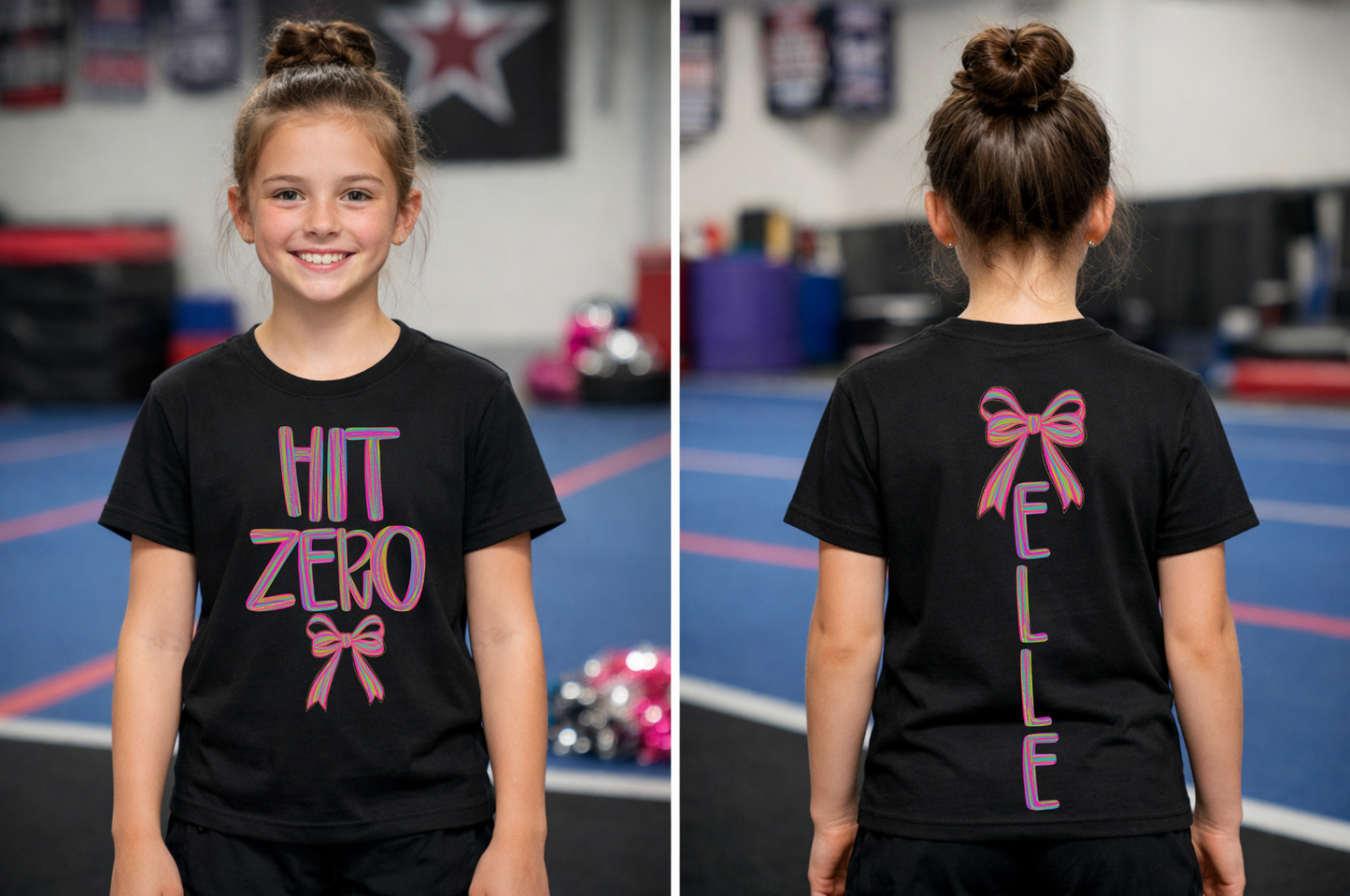 Custom hit zero cheer shirt with cheerleader name on back and bow detail for competitions