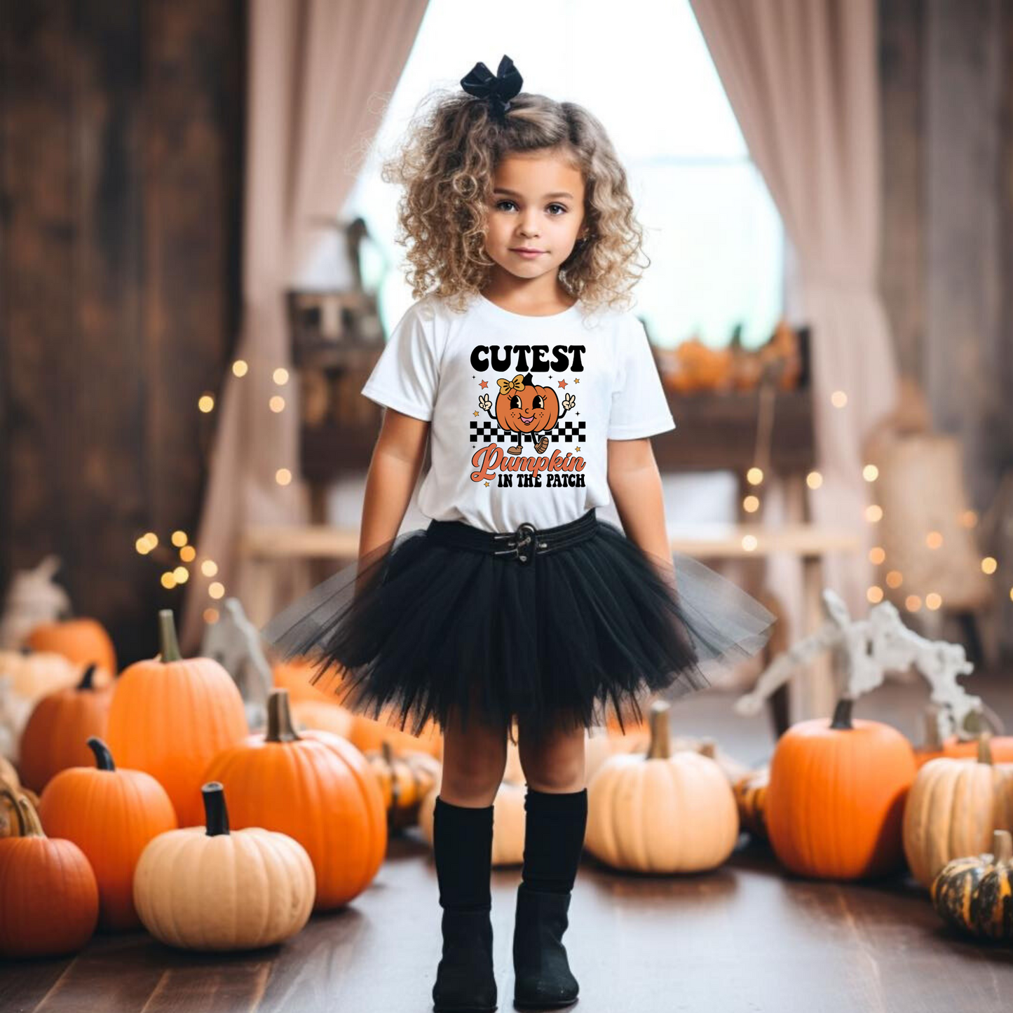 An adorable Halloween shirt for girls with the phrase 'Cutest Pumpkin In The Patch', featuring a preppy and playful design. The shirt adds a unique touch to her Halloween outfit, embodying the essence of cute Halloween fun.