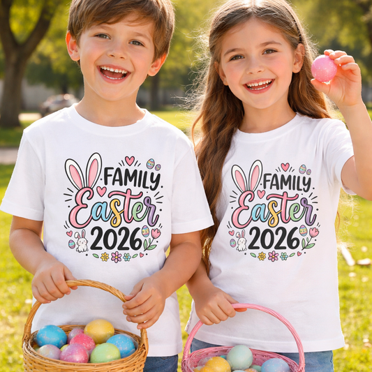 Matching Family Easter 2026 shirts worn by kids during a sunny Easter egg hunt, pastel spring family outfit for Easter brunch and photos