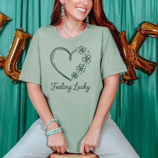 Feeling Lucky St Patrick’s Day shirt on soft green Comfort Colors tee for cute festive spring outfit