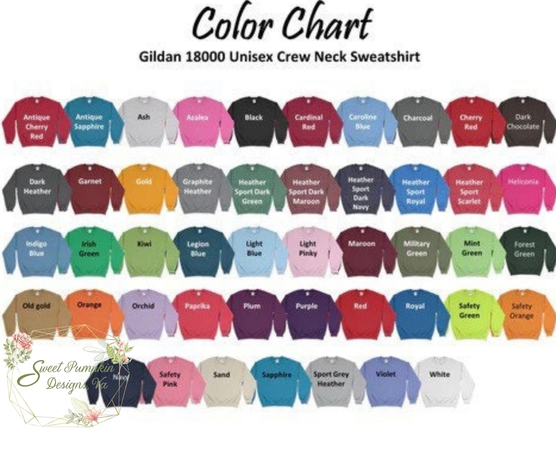 Gildan 18000 Unisex Crewneck Sweatshirt Color Chart