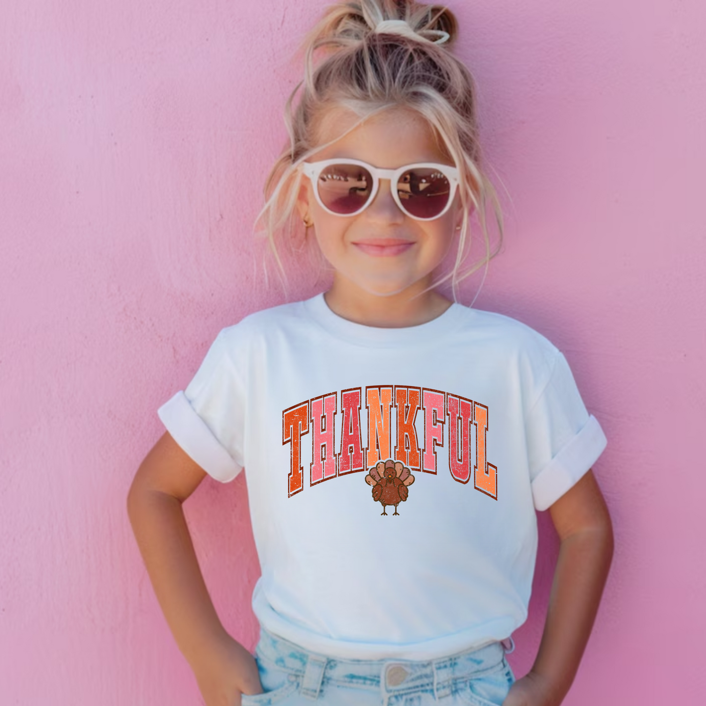 Thankful Pink Thanksgiving Shirt for Kids