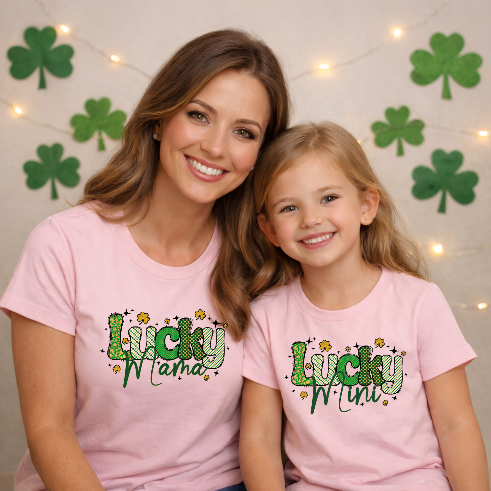Mom and daughter wearing matching Lucky Mama and Lucky Mini St. Patrick’s Day shirts in soft comfortable fabric, perfect for holiday photos and spring celebrations.