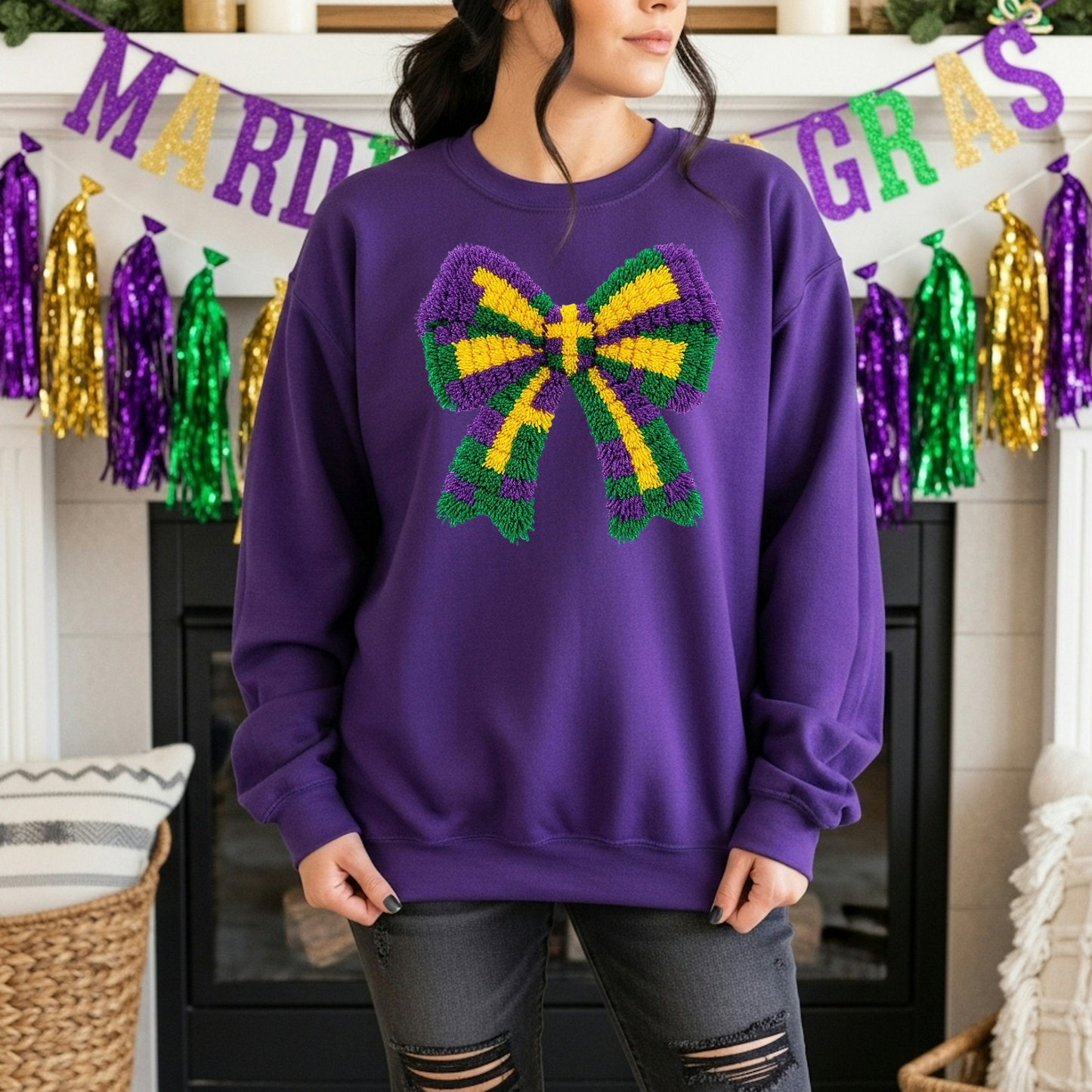 Mardi Gras bow sweatshirt for women featuring a festive bow design in purple green and gold, cozy crewneck styled for Fat Tuesday outfits and parade days