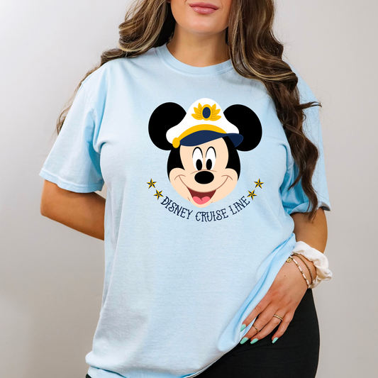 Woman wearing a Comfort Colors mouse cruise shirt styled for a cruise vacation outfit