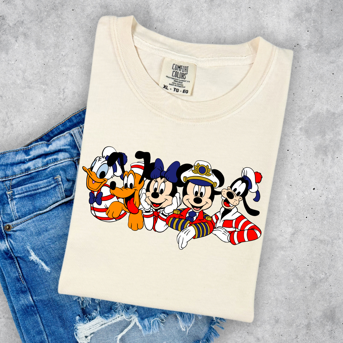 Woman wearing a Comfort Colors mouse gang cruise shirt styled for a cruise vacation outfit