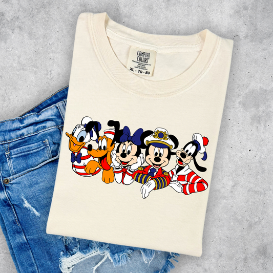 Woman wearing a Comfort Colors mouse gang cruise shirt styled for a cruise vacation outfit