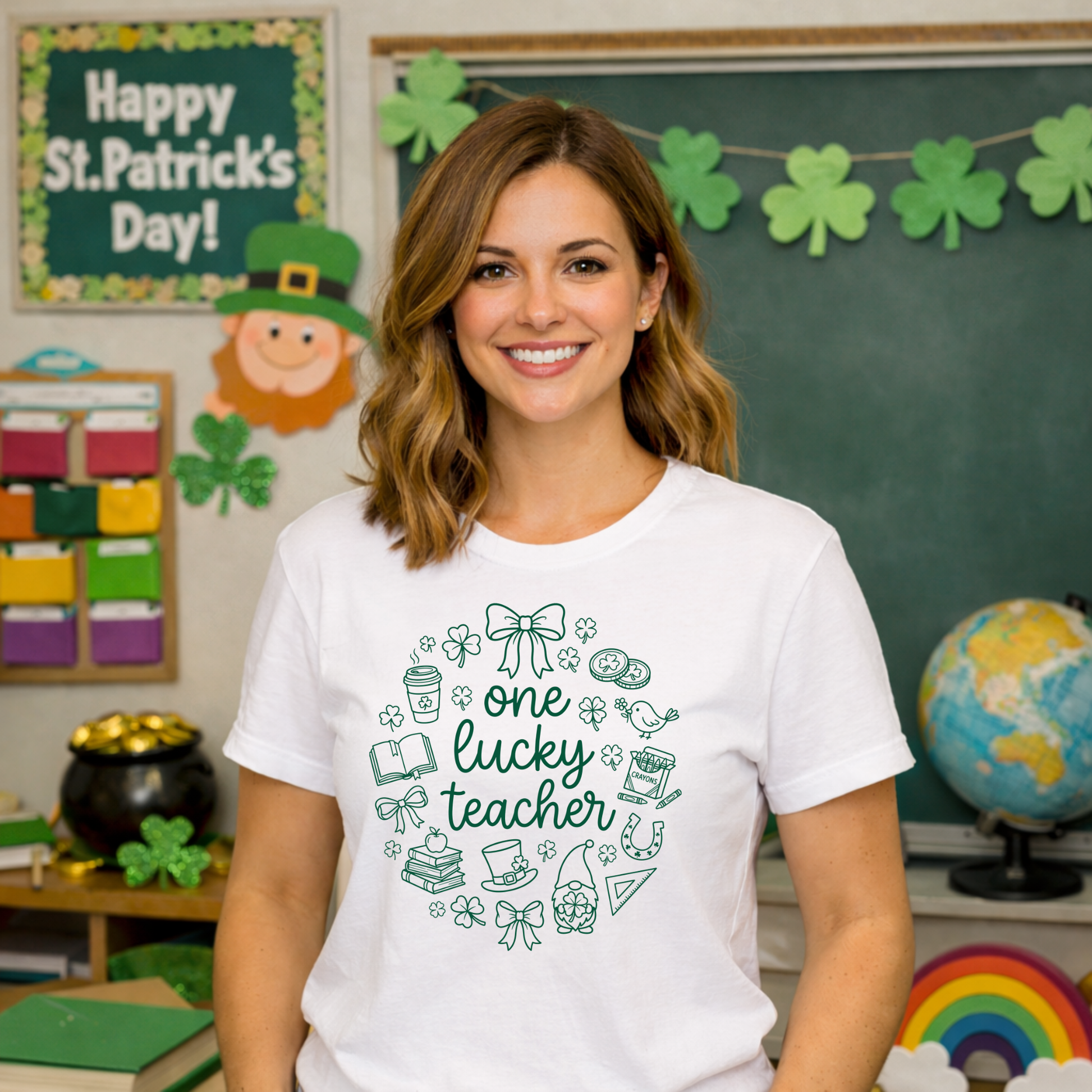 One Lucky Teacher St. Patrick’s Day shirt for women printed on a Bella Canvas tee, cute festive teacher classroom outfit
