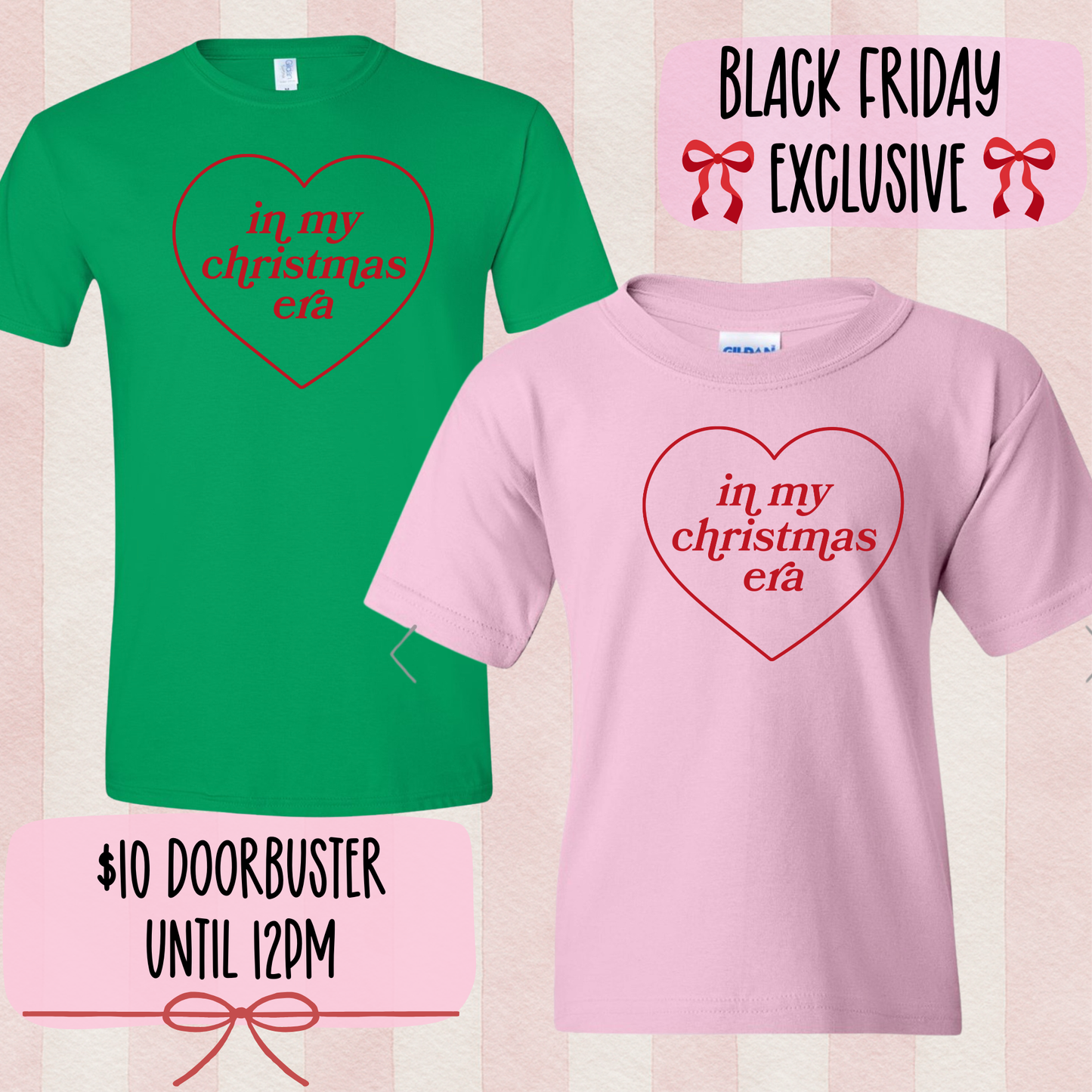 Two t-shirts, one green and one pink, with a heart design and text on a decorative background.