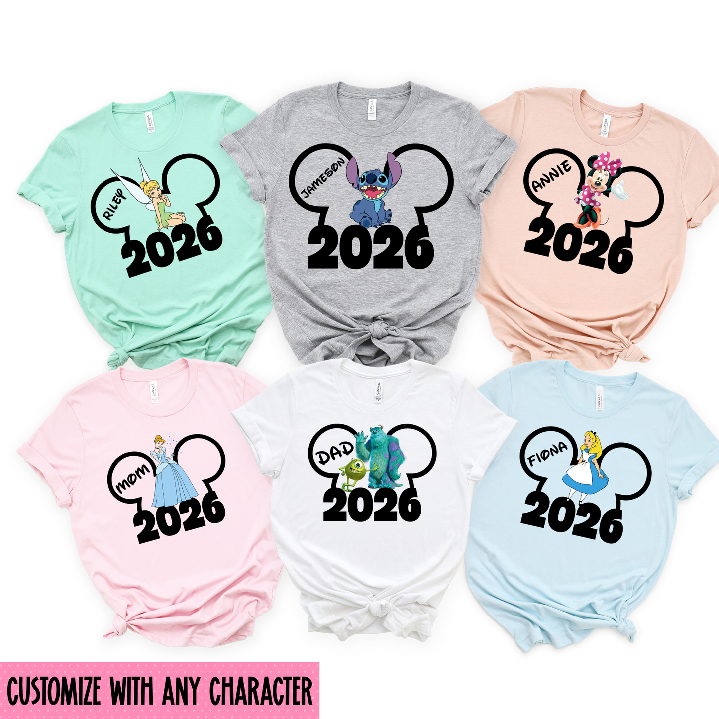 Personalized 2026 matching family trip shirts with custom names and characters for park vacation outfits