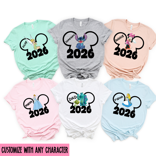 Personalized 2026 matching family trip shirts with custom names and characters for park vacation outfits