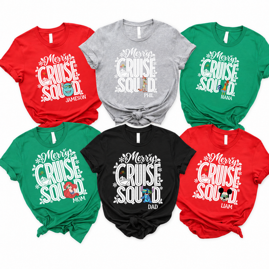 Matching personalized Merry Cruise Squad Christmas cruise T-shirts in red, green, gray, and black Bella+Canvas styles, featuring custom names and character designs for a family holiday cruise.
