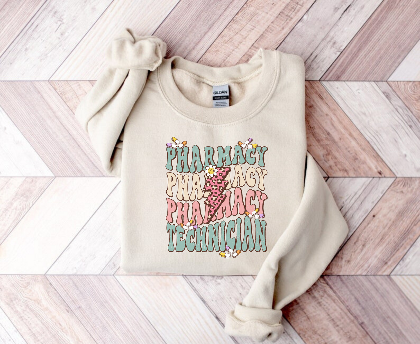 Retro pharmacy technician crewneck sweatshirt for women.