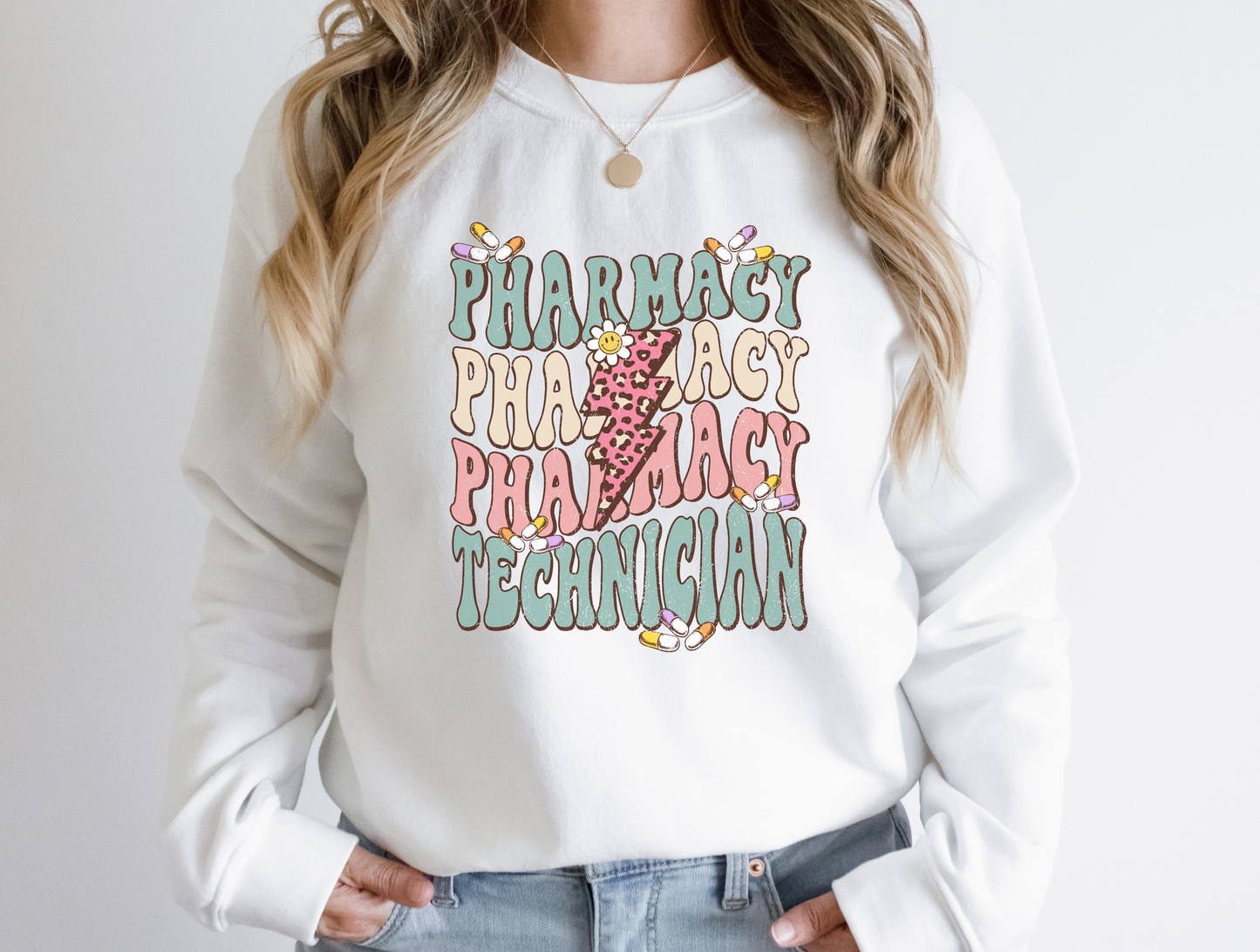 Retro pharmacy technician crewneck sweatshirt for women.
