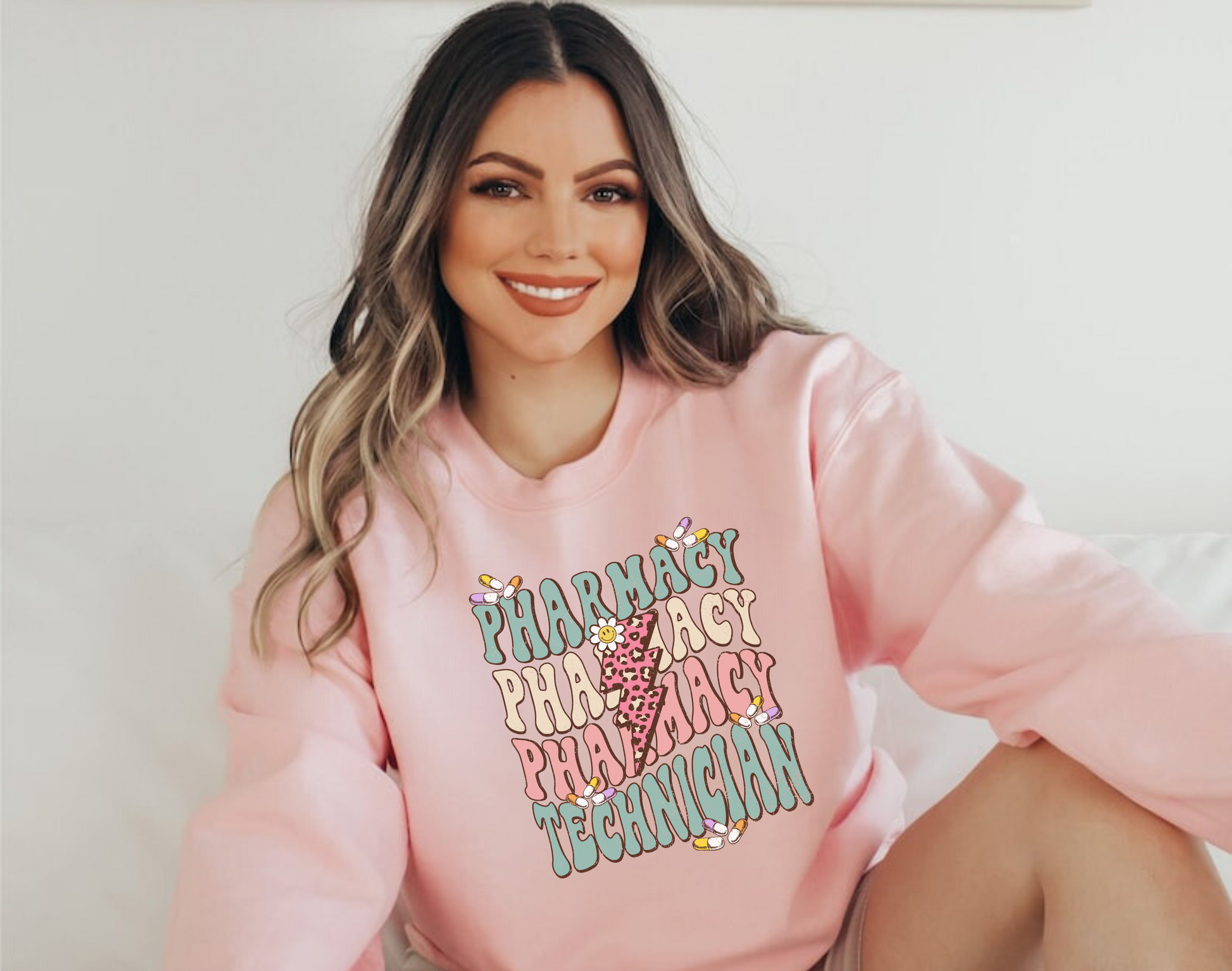 Retro pharmacy technician crewneck sweatshirt for women.