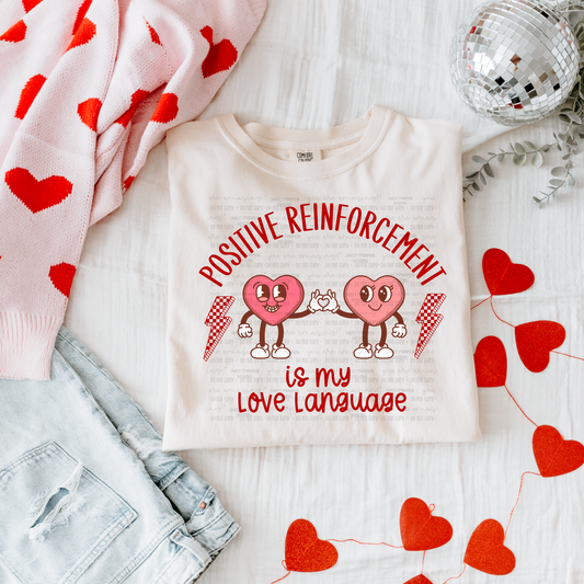 Comfort Colors t-shirt that says “Positive Reinforcement Is My Love Language,” Valentine’s Day shirt for teachers, special education and school staff classroom outfit idea
