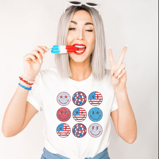 Retro Patriotic T-Shirt for women with a disco ball and smiley face design in red, white, and blue colors.