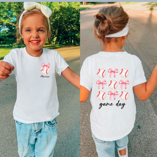 Baseball Pink Bow Game Day Shirt for Kids with Name