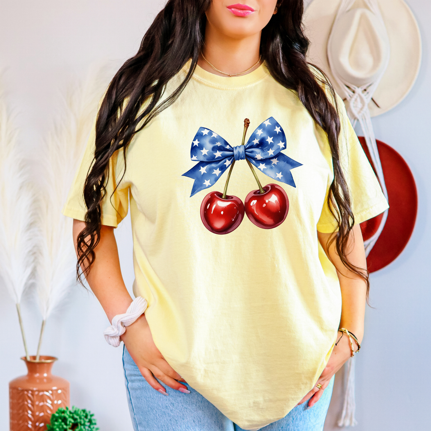 Patriotic American Cherry Coquette Bow Shirt