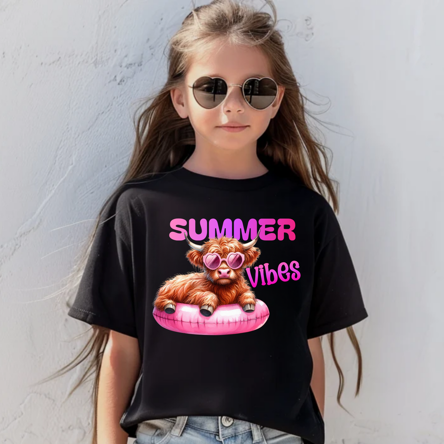 Summer Vibes Highland Cow Shirt for Girls