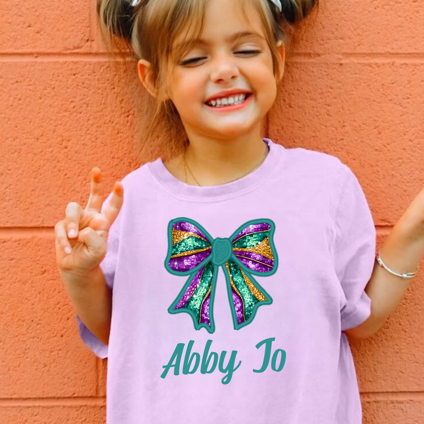 Mardi Gras Bow Shirt for Girls with Name