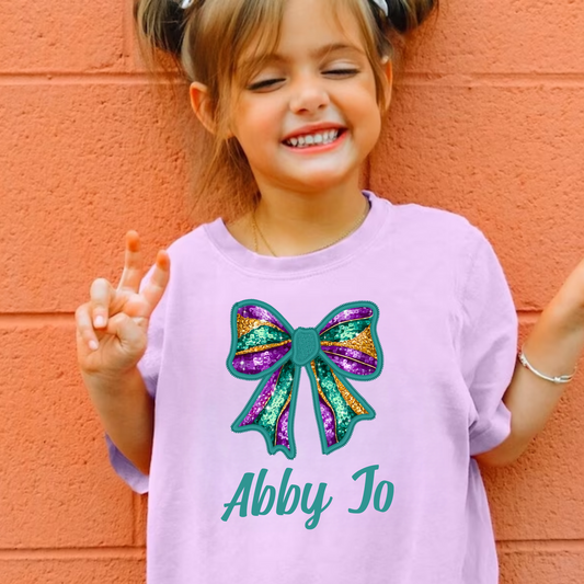 Mardi Gras Bow Shirt for Girls with Name