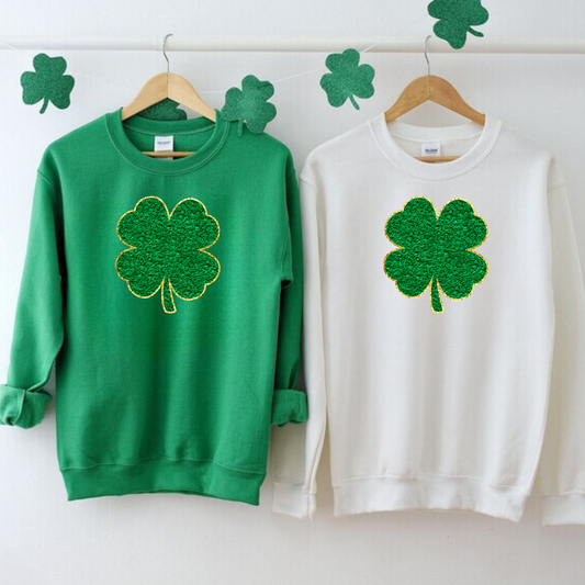 Faux Chenille Patch Shamrock St Patricks Day Sweatshirt